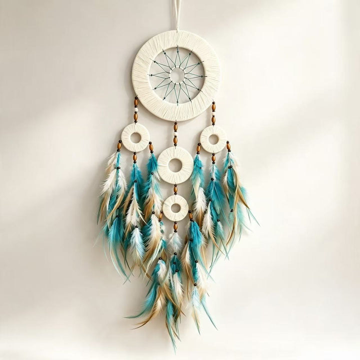 Olivenorma Woven Hoops Colorful Feathers Wooden Beads Hand‑Woven Nature Symbol Dream Catcher - White - image 3