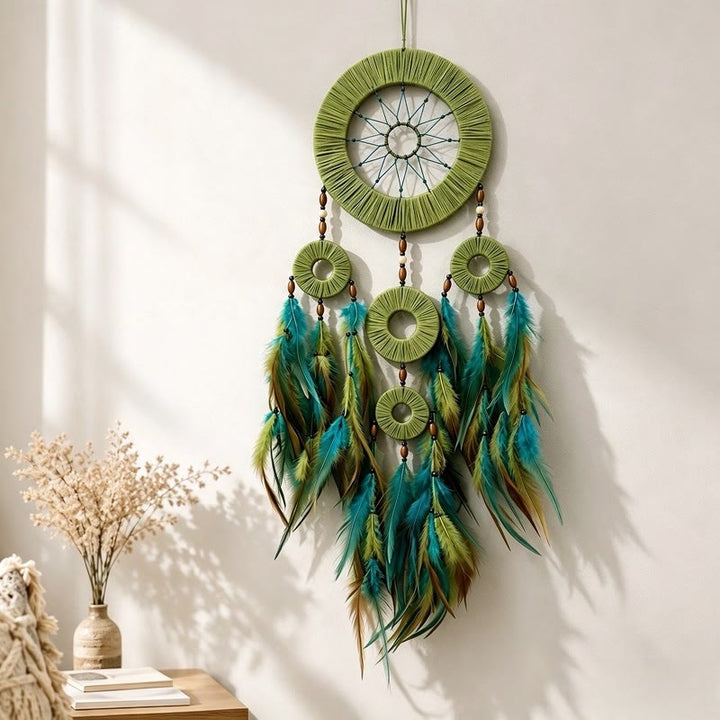 Olivenorma Woven Hoops Colorful Feathers Wooden Beads Hand‑Woven Nature Symbol Dream Catcher - Green - image 0