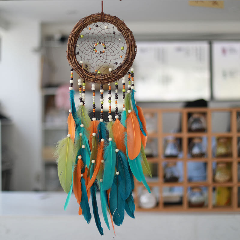 Olivenorma Rattan Feathers Mixed Beads Bohemian Nature Symbol Dream Catcher - Rattan Hoop Feathers Mixed Beads - image 0