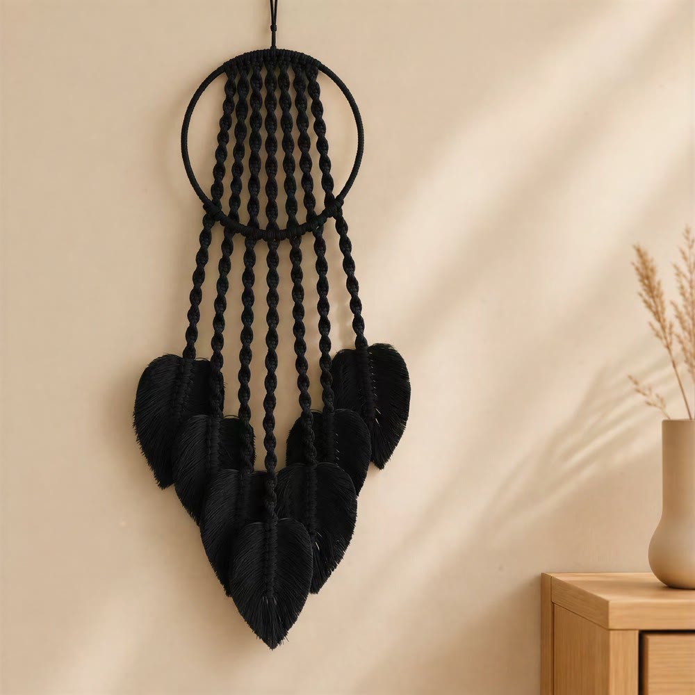 Olivenorma Metal‑Hoop Cotton‑Cord Macrame‑Leaf Blessing Dream Catcher - Black - image 4