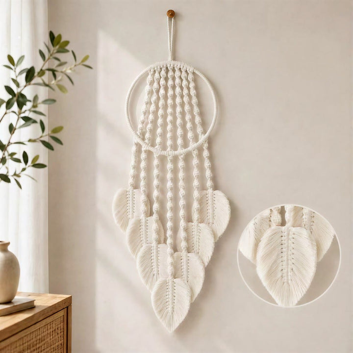 Olivenorma Metal‑Hoop Cotton‑Cord Macrame‑Leaf Blessing Dream Catcher - Beige - image 1