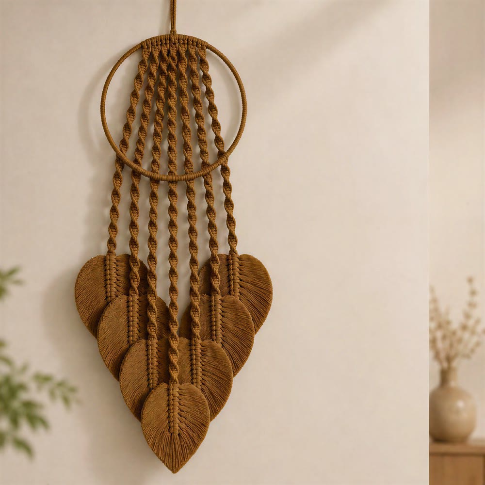 Olivenorma Metal‑Hoop Cotton‑Cord Macrame‑Leaf Blessing Dream Catcher - Caramel - image 2