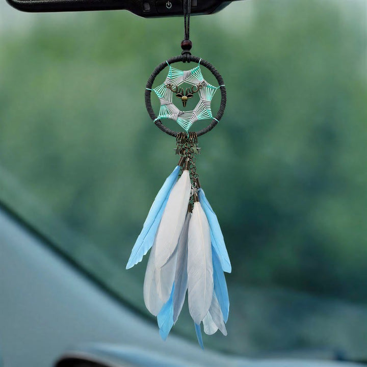 Olivenorma Metal‑Hoop Feather Bohemian Wishful‑Blessing Dream Catcher - Safe Journey‑Blue White - image 0