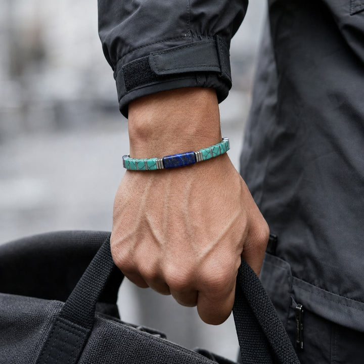 Olivenorma Natural Textured Turquoise Lapis Lazuli Square Tube Beaded Bracelet Attract Wealth Abundance Prosperity - image 1