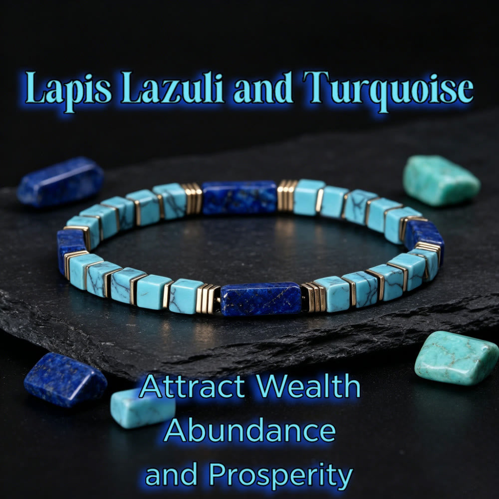FREE Today: Natural Textured Turquoise Lapis Lazuli Square Tube Beaded Bracelet Attract Wealth Abundance Prosperity - Turquoise & Lapis Lazuli - image 0