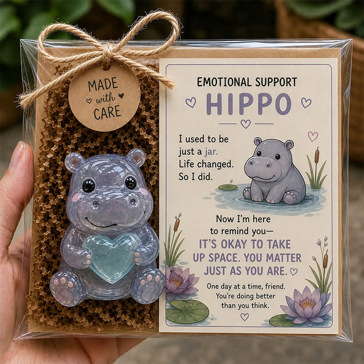 FREE Today: Emotional Support Acrylic Animal Gift, Recycled Glass Style Pocket Hug Figurine with Encouragement Card & Gift Box - Hippo - image 4