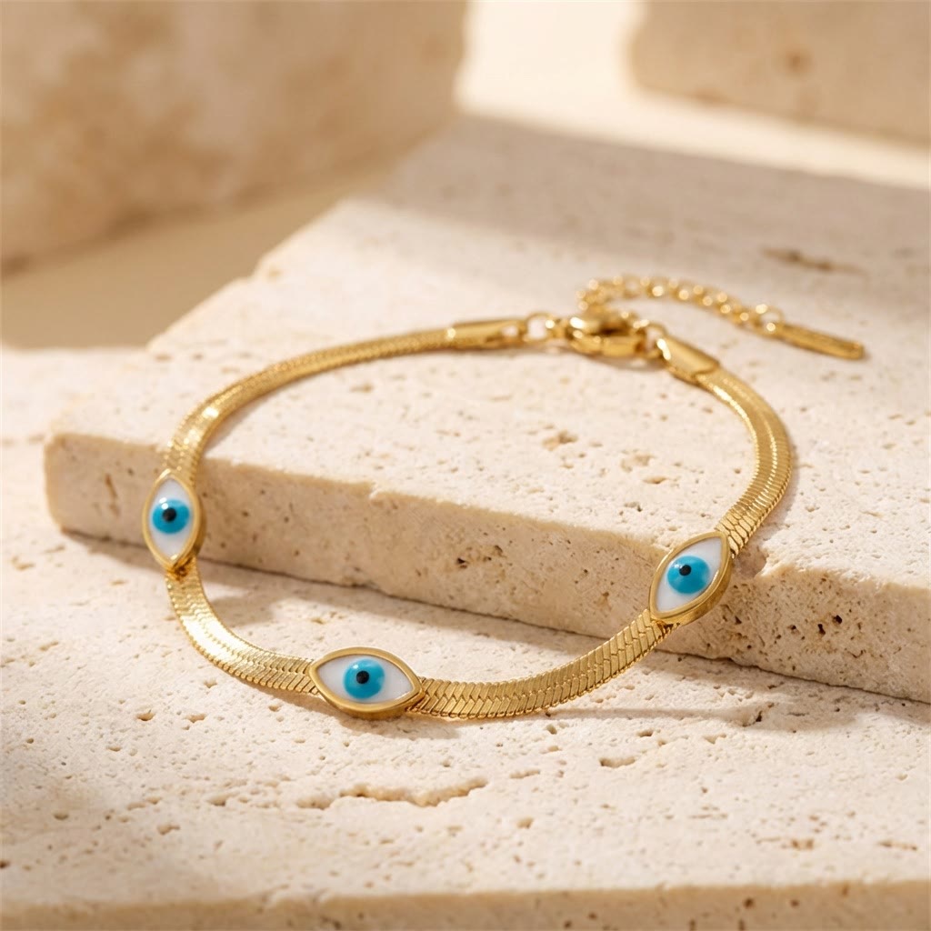 Olivenorma Stainless Steel Triple Evil Eye Snake Chain Design Protection Symbol Bracelet - Triple Enamel Evil Eye Snake Chain - image 0