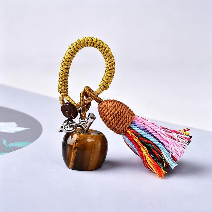 Olivenorma Crystal Apple‑Shaped Tassel Design Blessing Symbol Keychain - Tiger Eye - image 3