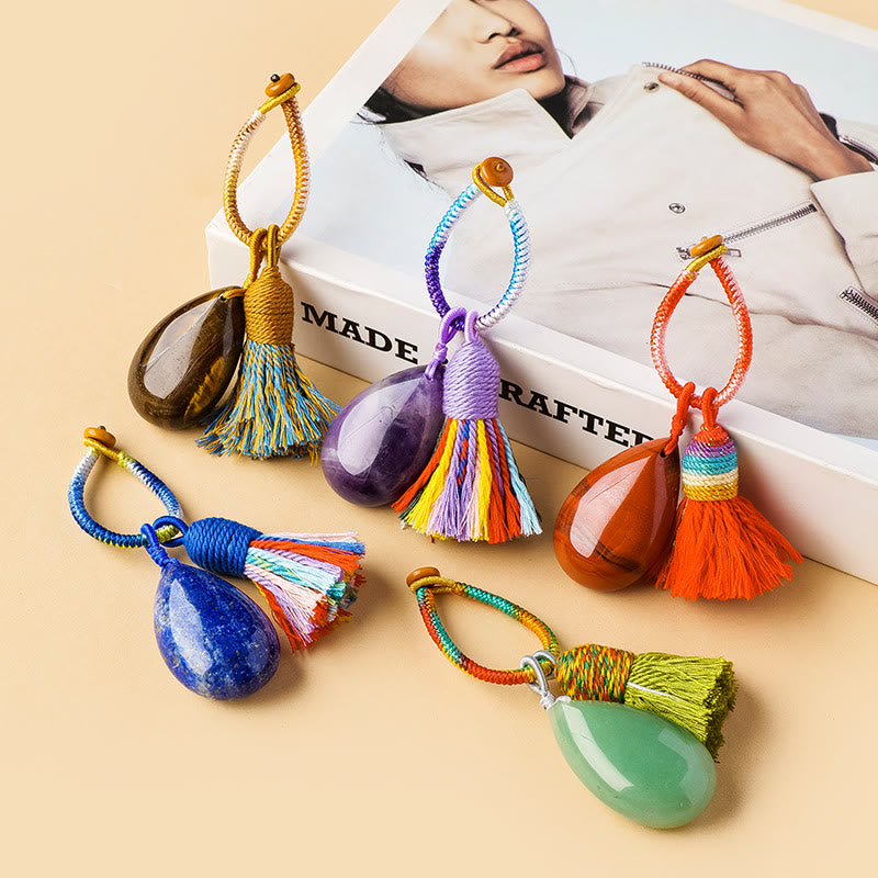 Olivenorma Natural Crystal Teardrop Tassel Handwoven Blessing Protection Keychain - image 1