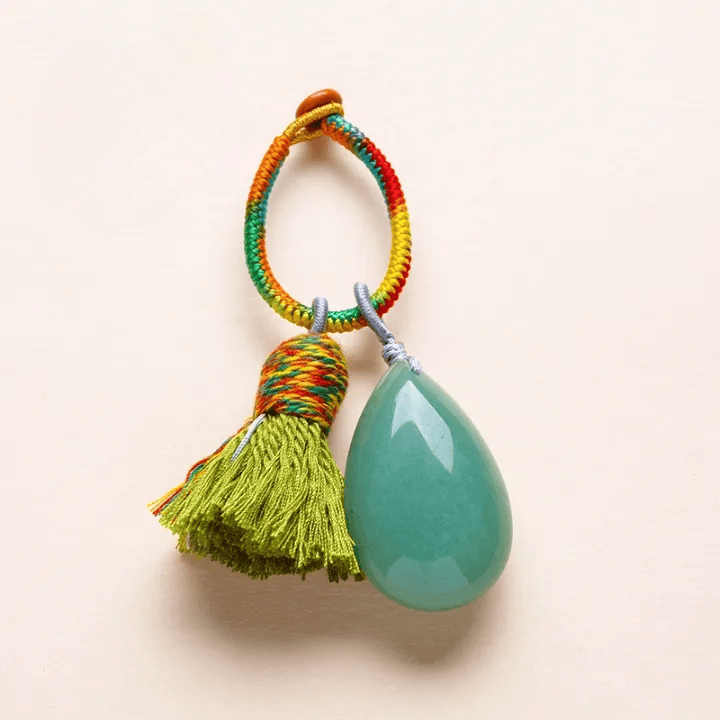 Olivenorma Natural Crystal Teardrop Tassel Handwoven Blessing Protection Keychain - Green Aventurine - image 3