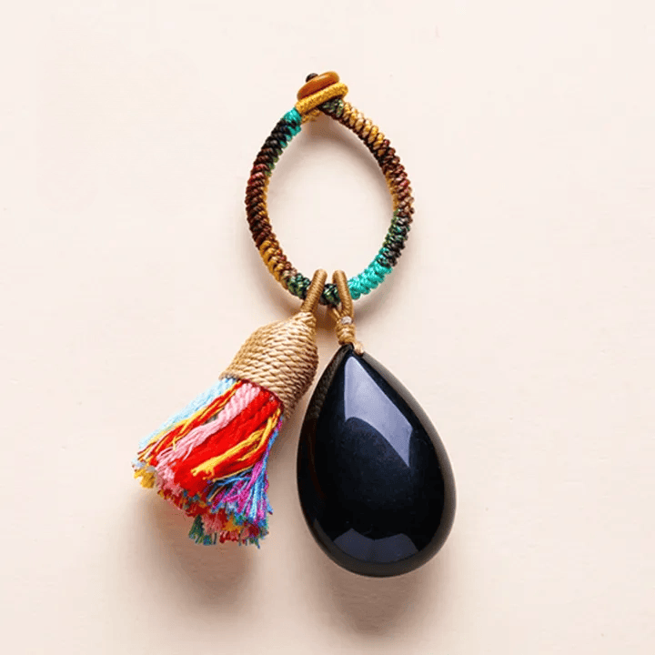 Olivenorma Natural Crystal Teardrop Tassel Handwoven Blessing Protection Keychain - Obsidian - image 6
