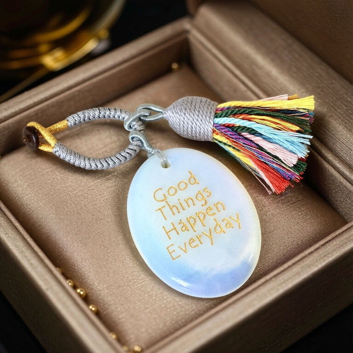 Olivenorma Natural Crystal Oval Engraved Tassel Handwoven Good Luck Blessing Keychain - Opal - image 10