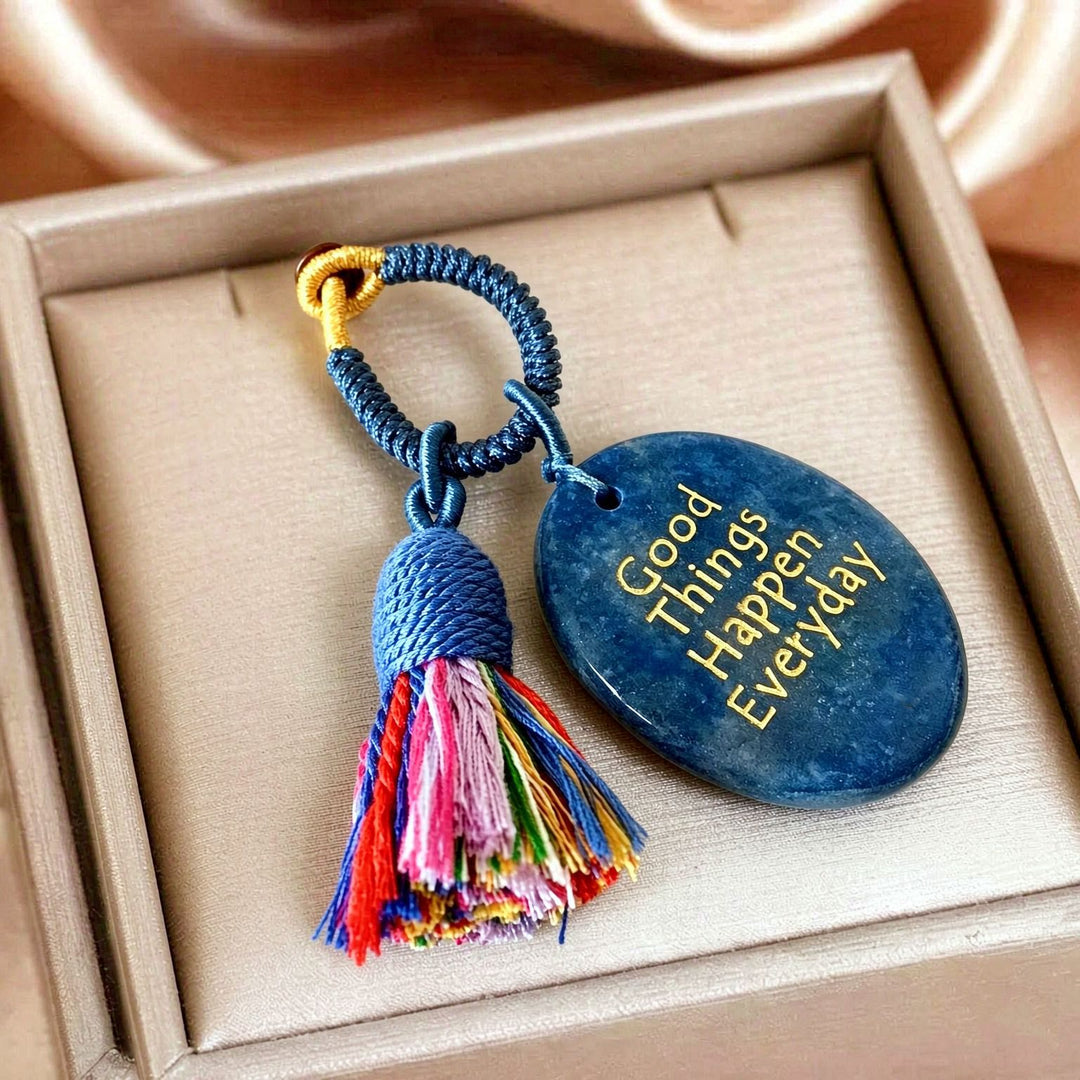 Olivenorma Natural Crystal Oval Engraved Tassel Handwoven Good Luck Blessing Keychain - Blue Aventurine - image 16