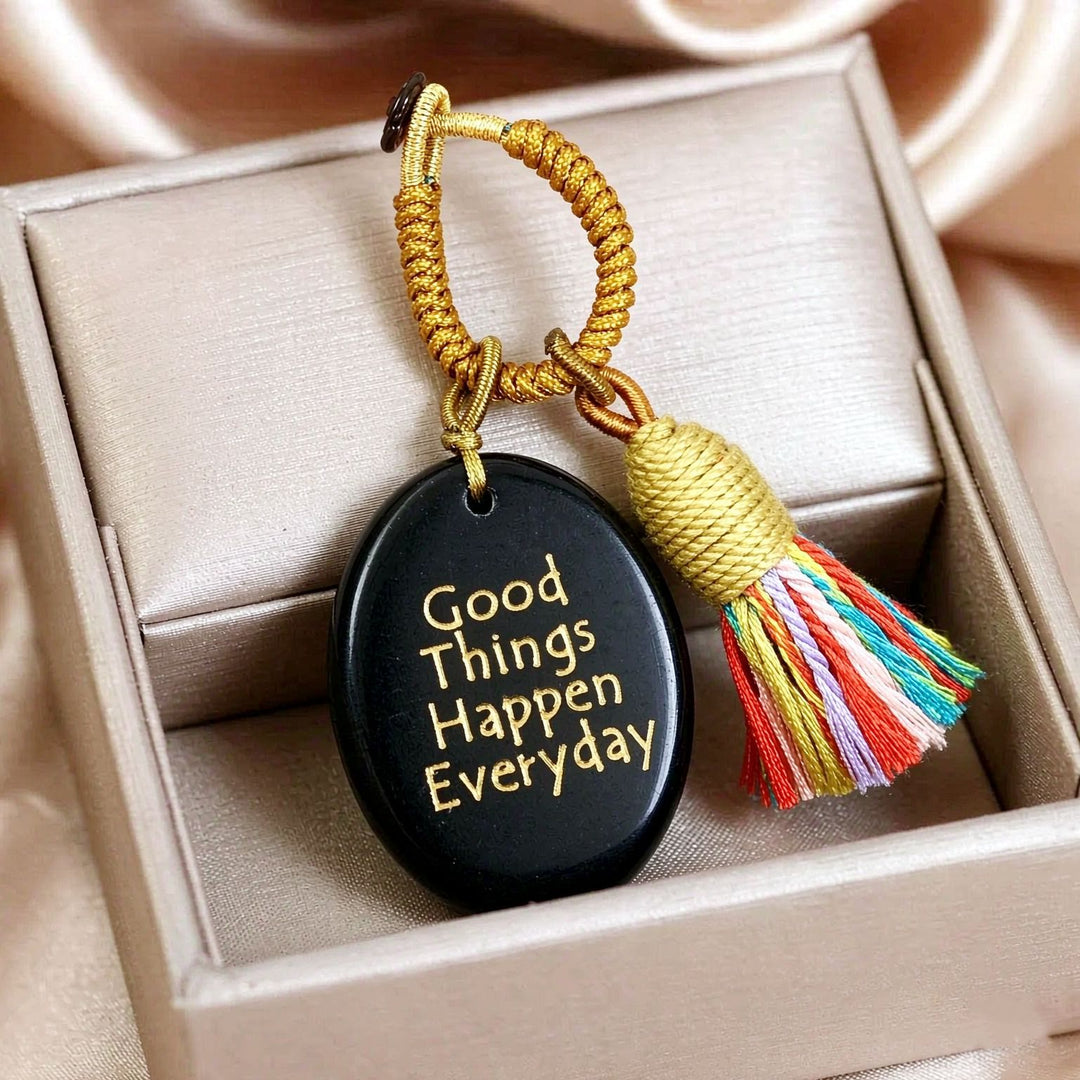 Olivenorma Natural Crystal Oval Engraved Tassel Handwoven Good Luck Blessing Keychain - Obsidian - image 22