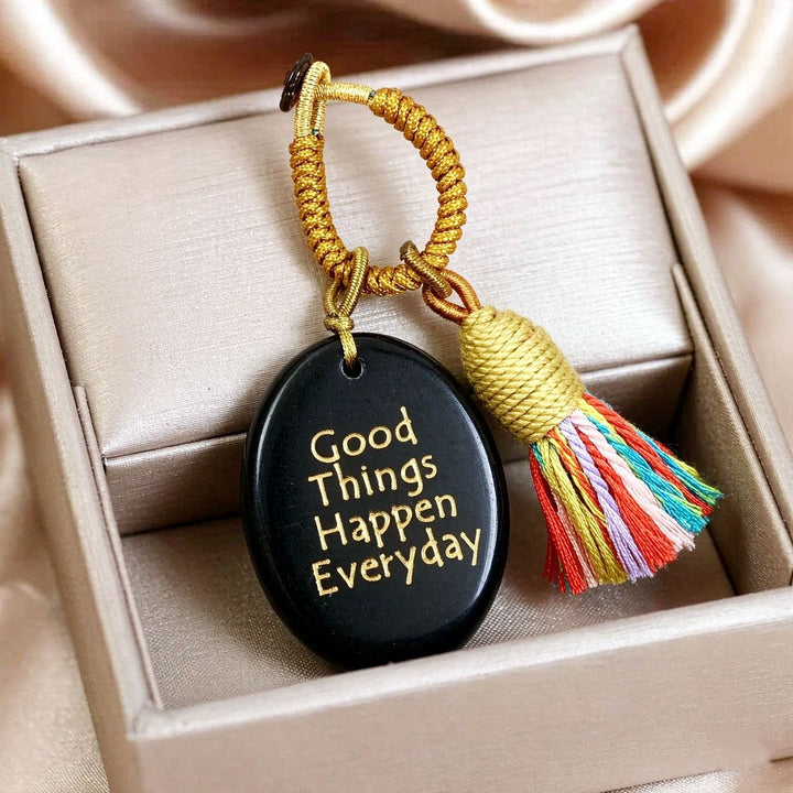 Olivenorma Natural Crystal Oval Engraved Tassel Handwoven Good Luck Blessing Keychain - Obsidian - image 22