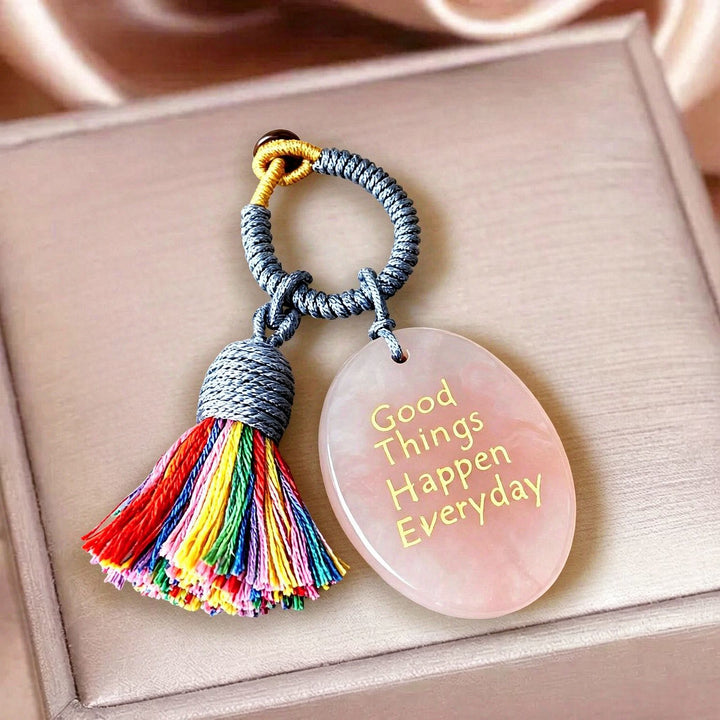 Olivenorma Natural Crystal Oval Engraved Tassel Handwoven Good Luck Blessing Keychain - Rose Quartz - image 4