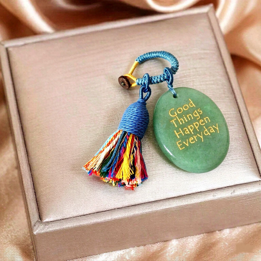 Olivenorma Natural Crystal Oval Engraved Tassel Handwoven Good Luck Blessing Keychain - Green Aventurine - image 14