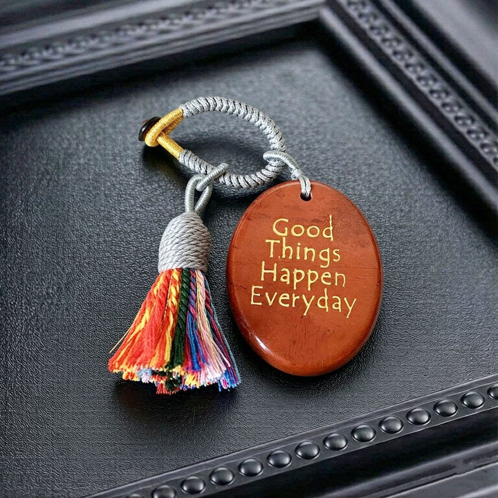 Olivenorma Natural Crystal Oval Engraved Tassel Handwoven Good Luck Blessing Keychain - Red Jasper - image 8