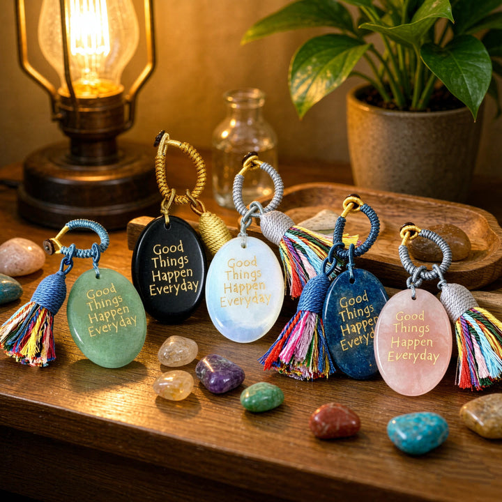 Olivenorma Natural Crystal Oval Engraved Tassel Handwoven Good Luck Blessing Keychain - image 0