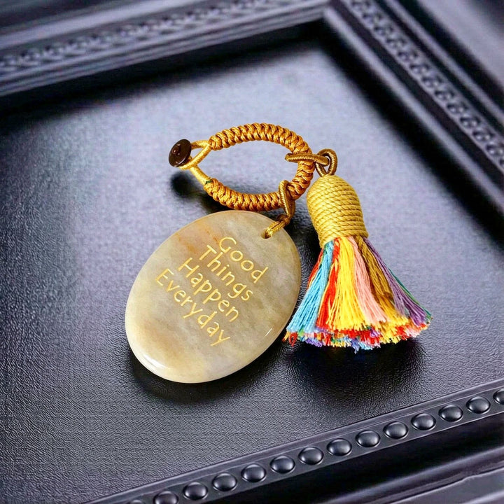 Olivenorma Natural Crystal Oval Engraved Tassel Handwoven Good Luck Blessing Keychain - Yellow Jade - image 26