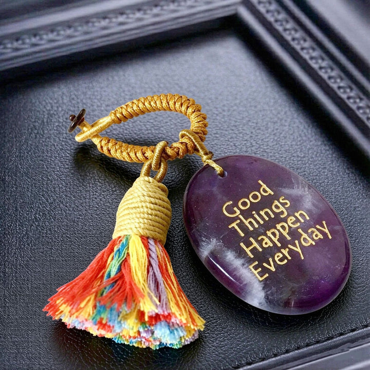 Olivenorma Natural Crystal Oval Engraved Tassel Handwoven Good Luck Blessing Keychain - Amethyst - image 2