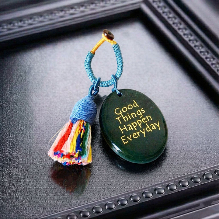 Olivenorma Natural Crystal Oval Engraved Tassel Handwoven Good Luck Blessing Keychain - India Agate - image 24