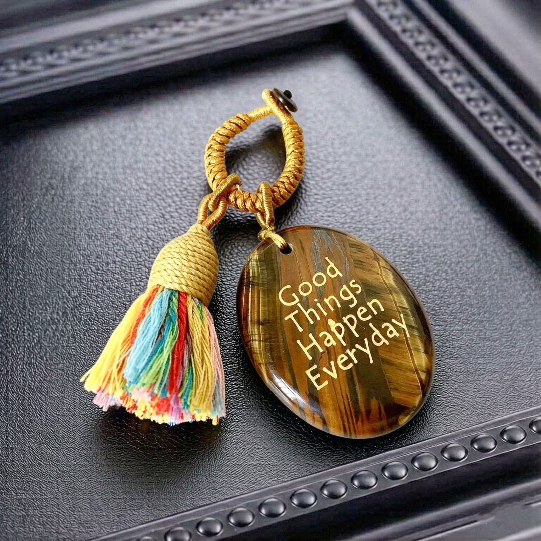 Olivenorma Natural Crystal Oval Engraved Tassel Handwoven Good Luck Blessing Keychain - Tiger Eye - image 18