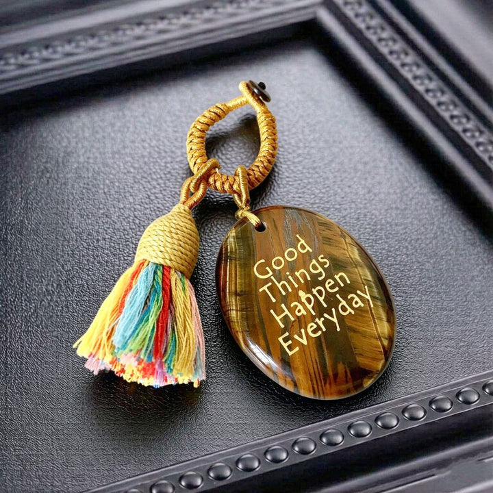 Olivenorma Natural Crystal Oval Engraved Tassel Handwoven Good Luck Blessing Keychain - Tiger Eye - image 18