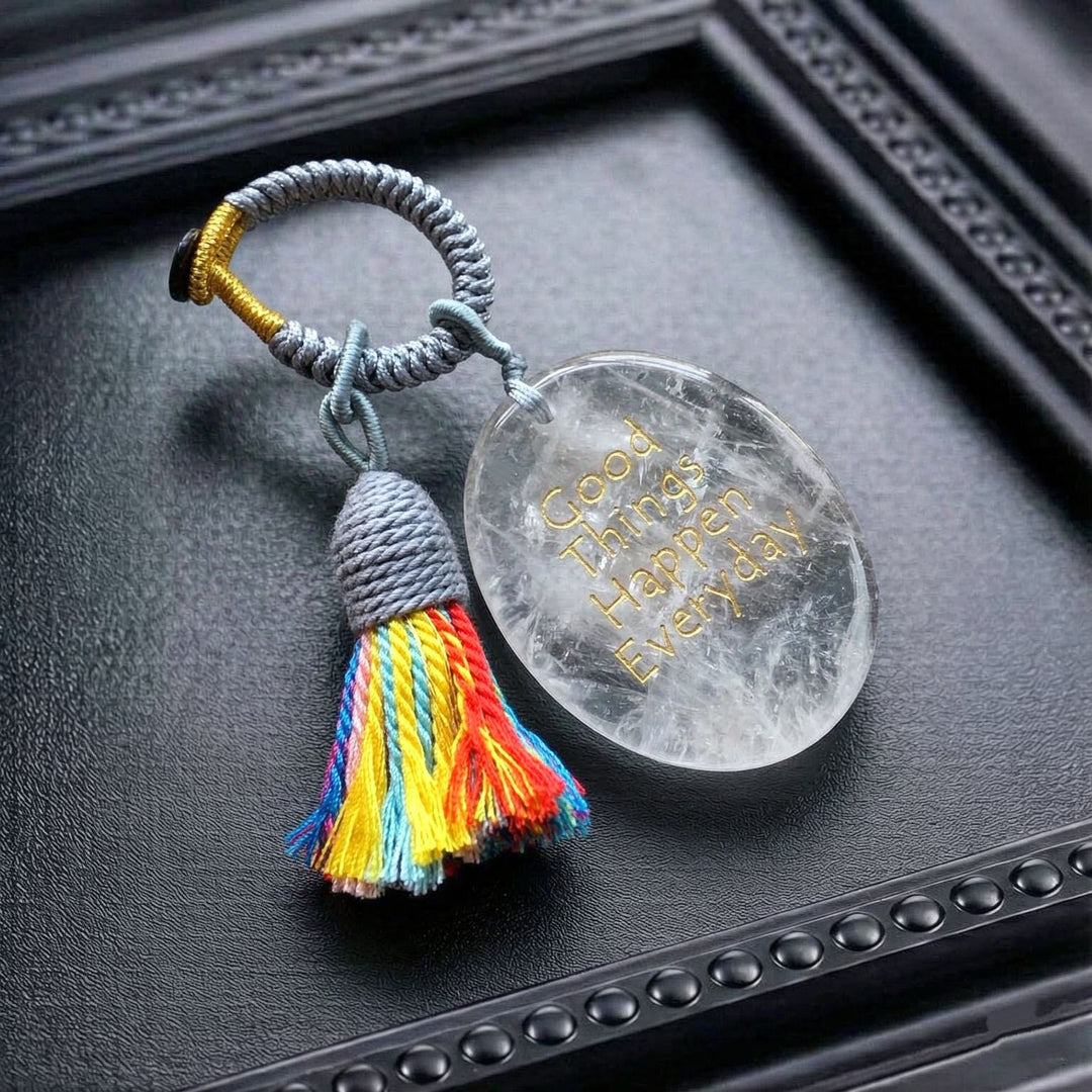 Olivenorma Natural Crystal Oval Engraved Tassel Handwoven Good Luck Blessing Keychain - Clear Quartz - image 6