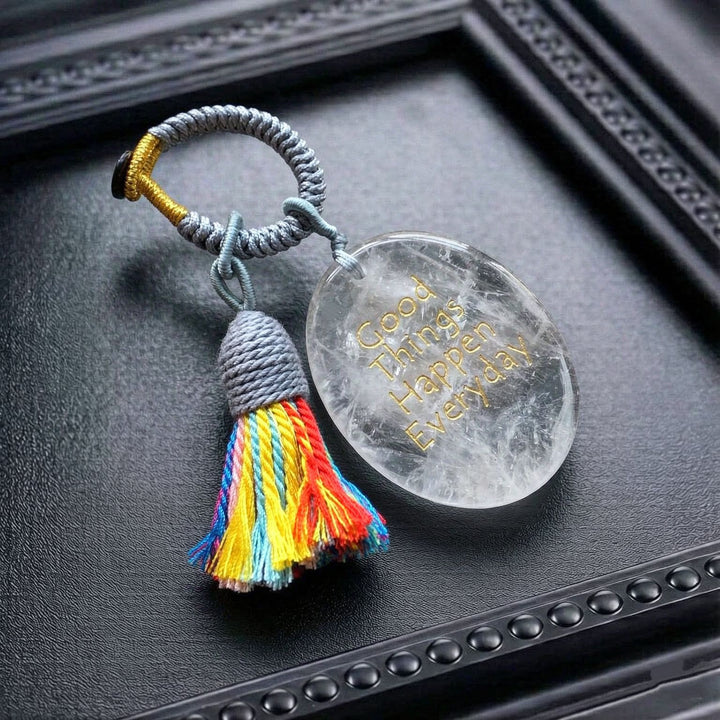 Olivenorma Natural Crystal Oval Engraved Tassel Handwoven Good Luck Blessing Keychain - Clear Quartz - image 6