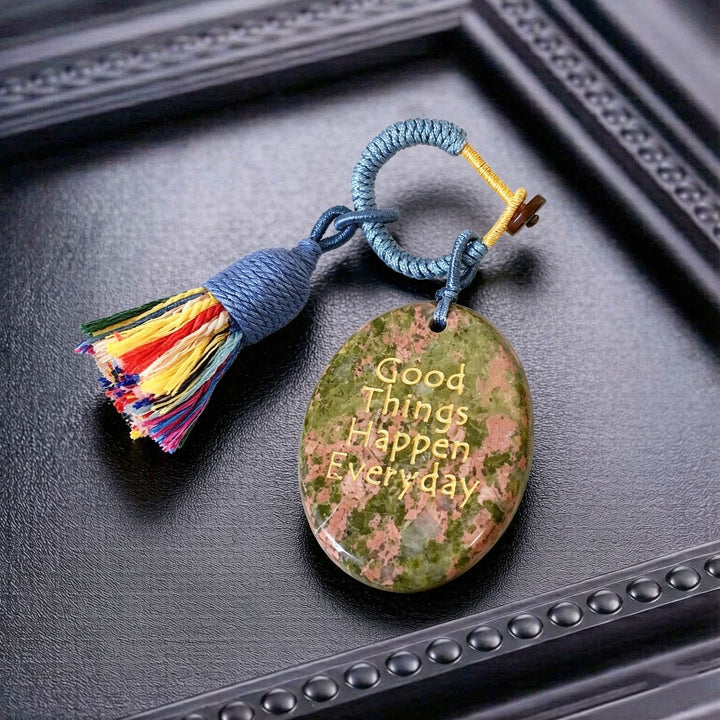 Olivenorma Natural Crystal Oval Engraved Tassel Handwoven Good Luck Blessing Keychain - Unakite - image 30
