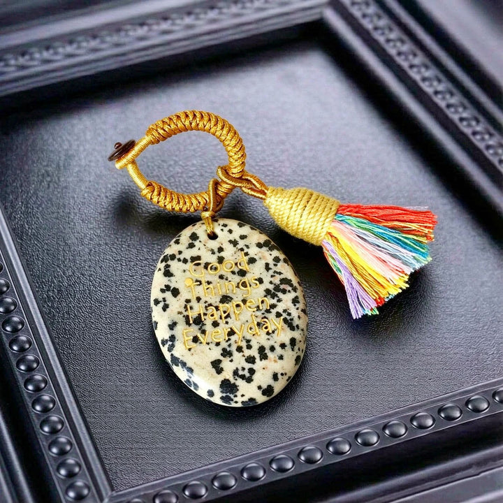 Olivenorma Natural Crystal Oval Engraved Tassel Handwoven Good Luck Blessing Keychain - Dalmatian Jasper - image 20