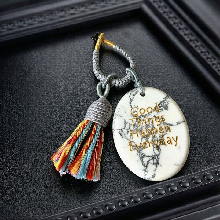 Olivenorma Natural Crystal Oval Engraved Tassel Handwoven Good Luck Blessing Keychain - White Turquoise - image 28
