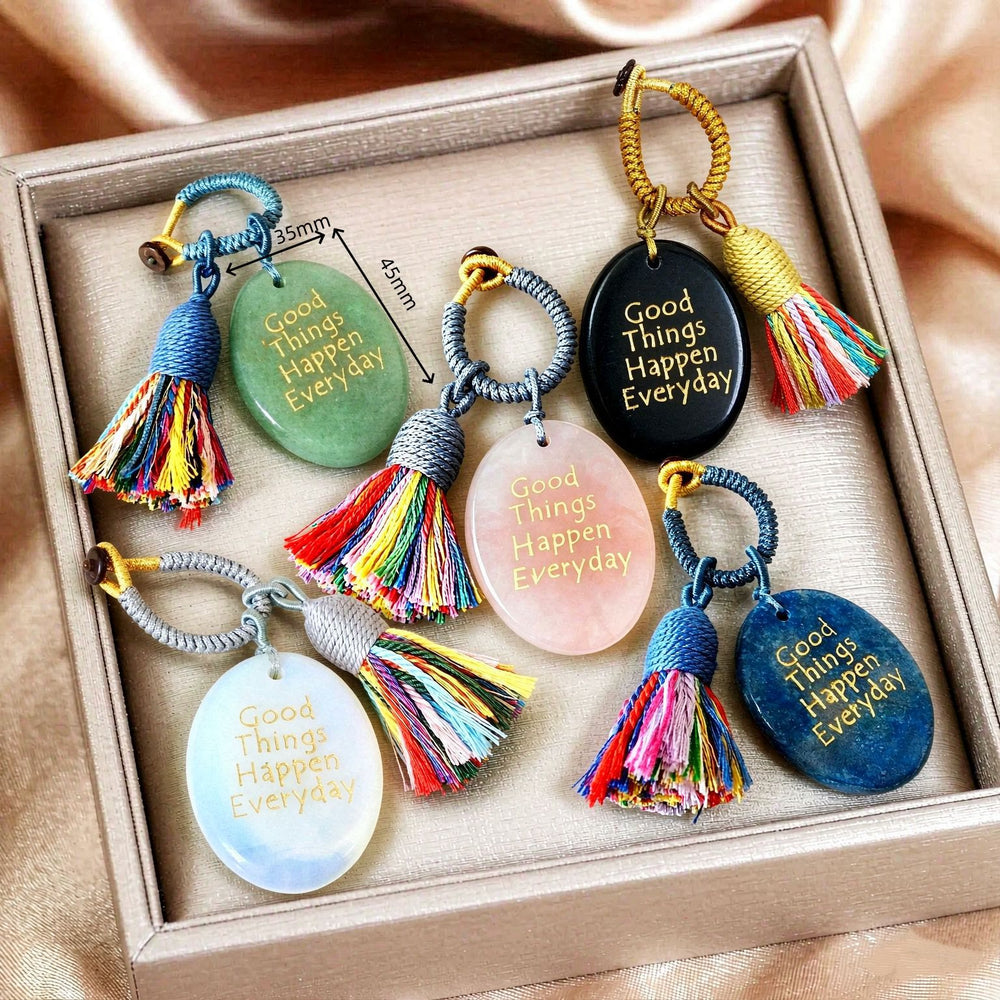 Olivenorma Natural Crystal Oval Engraved Tassel Handwoven Good Luck Blessing Keychain - image 1