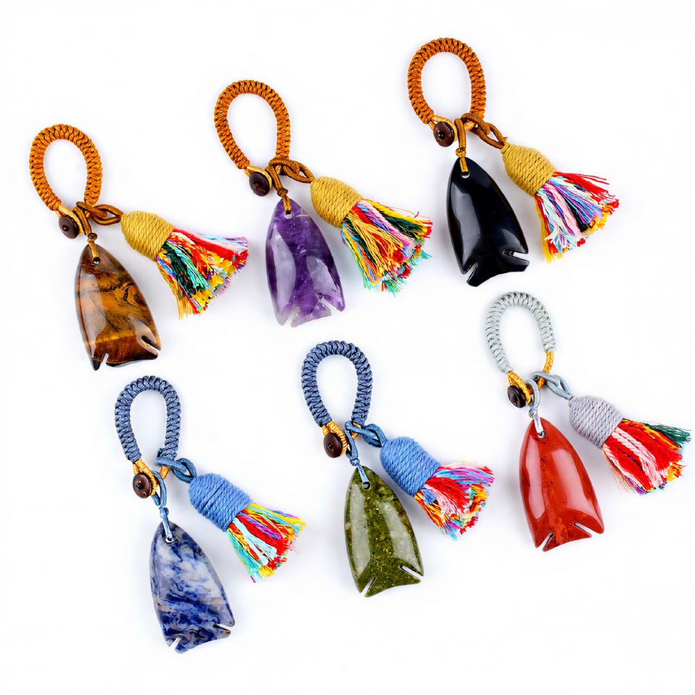 Olivenorma Natural Crystal Fish‑Shaped Tassel Braided Auspicious Blessing Keychain - image 0