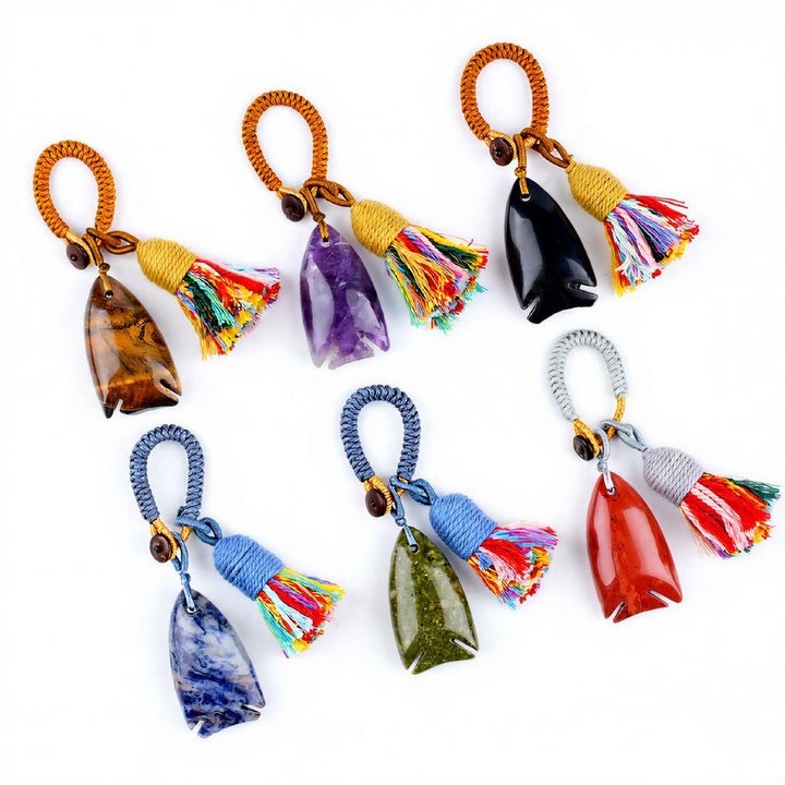 Olivenorma Natural Crystal Fish‑Shaped Tassel Braided Auspicious Blessing Keychain - image 0