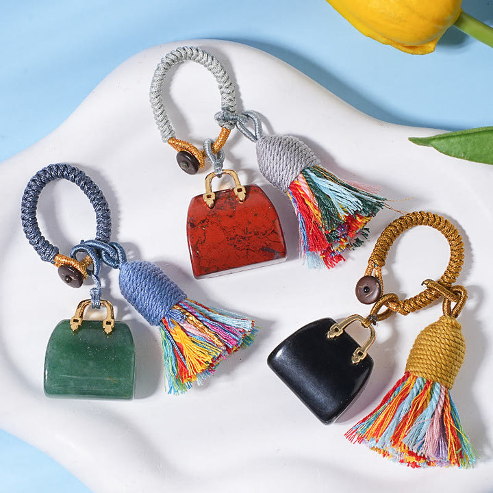 Olivenorma Natural Crystal Handbag‑Shaped Tassel Braided Prosperity Blessing Keychain - image 0
