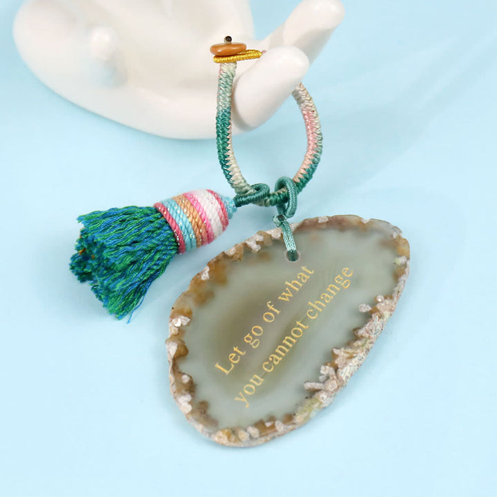 Olivenorma Natural Agate Slice Engraved Inspirational Quote Tassel Positive Affirmation Keychain - A - image 0