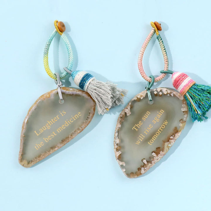 Olivenorma Natural Agate Slice Engraved Inspirational Quote Tassel Positive Affirmation Keychain - image 2