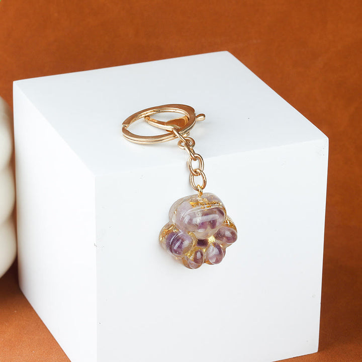 Olivenorma Natural Crystal Resin Cat‑Paw Shaped Gold Chain Fortune Blessing Keychain - Lavender Amethyst - image 9
