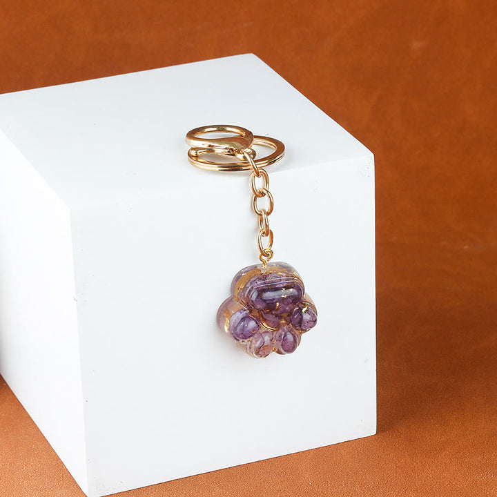 Olivenorma Natural Crystal Resin Cat‑Paw Shaped Gold Chain Fortune Blessing Keychain - Amethyst - image 3
