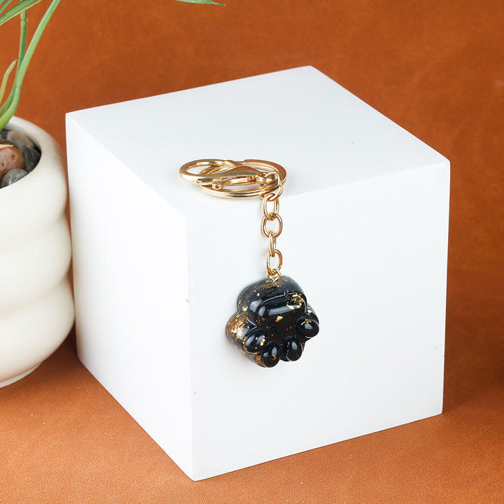 Olivenorma Natural Crystal Resin Cat‑Paw Shaped Gold Chain Fortune Blessing Keychain - Obsidian - image 11