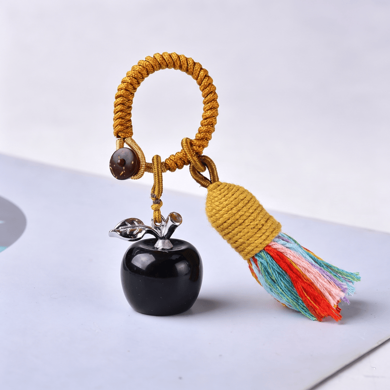 Olivenorma Crystal Apple‑Shaped Tassel Design Blessing Symbol Keychain - Obsidian - image 11