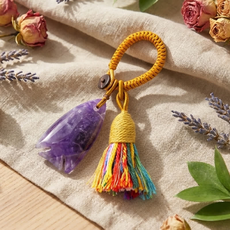 Olivenorma Natural Crystal Fish‑Shaped Tassel Braided Auspicious Blessing Keychain - Amethyst - image 1