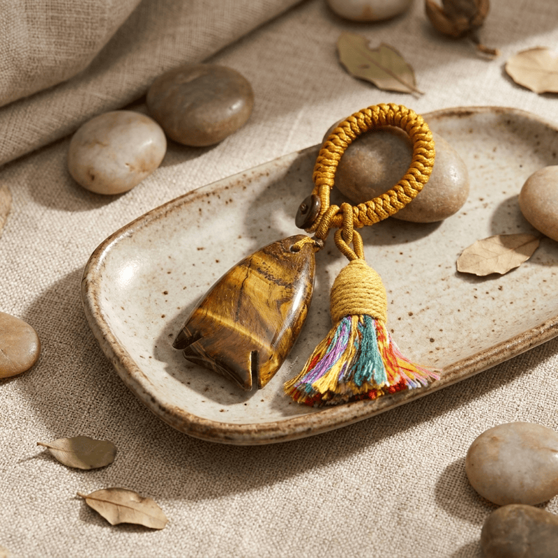 Olivenorma Natural Crystal Fish‑Shaped Tassel Braided Auspicious Blessing Keychain - Tiger Eye - image 3