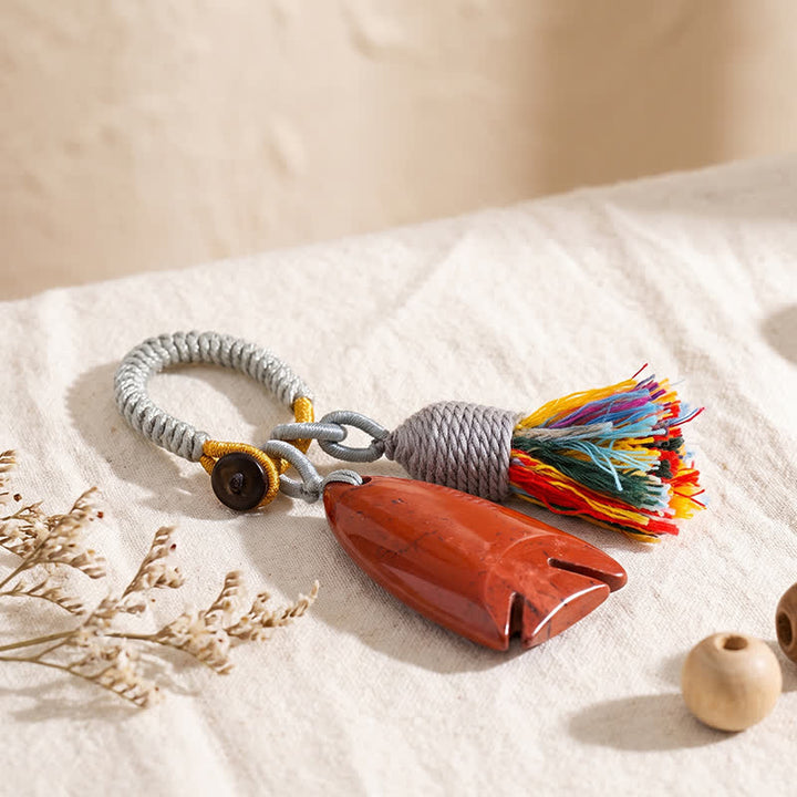 Olivenorma Natural Crystal Fish‑Shaped Tassel Braided Auspicious Blessing Keychain - Red Jasper - image 5