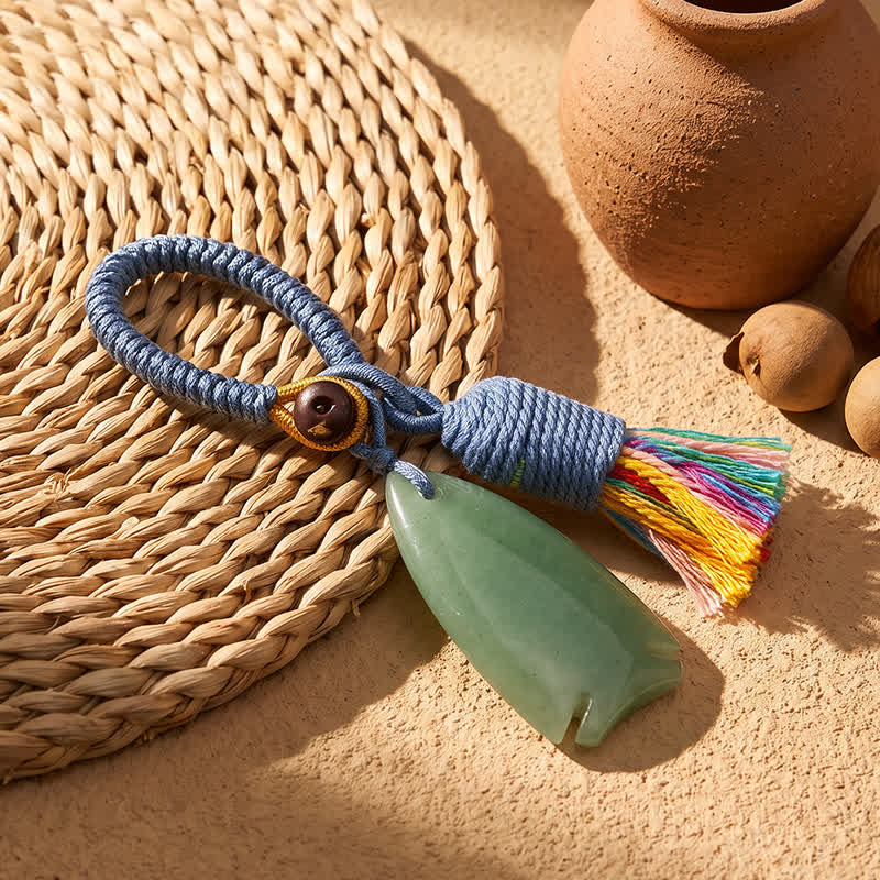 Olivenorma Natural Crystal Fish‑Shaped Tassel Braided Auspicious Blessing Keychain - Green Aventurine - image 7