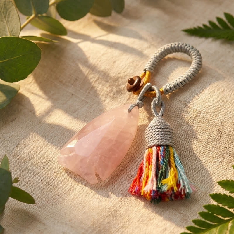 Olivenorma Natural Crystal Fish‑Shaped Tassel Braided Auspicious Blessing Keychain - Rose Quartz - image 9