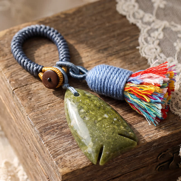 Olivenorma Natural Crystal Fish‑Shaped Tassel Braided Auspicious Blessing Keychain - Unakite - image 13