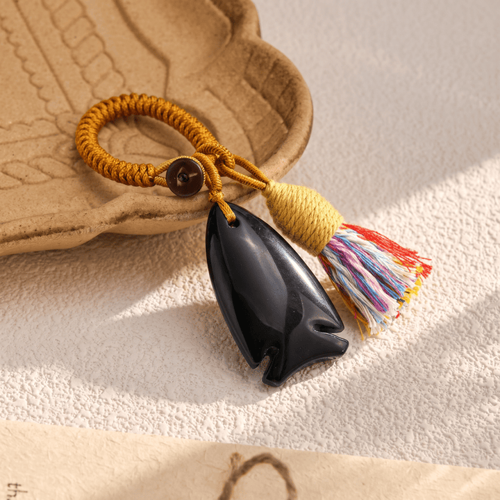 Olivenorma Natural Crystal Fish‑Shaped Tassel Braided Auspicious Blessing Keychain - Obsidian - image 11